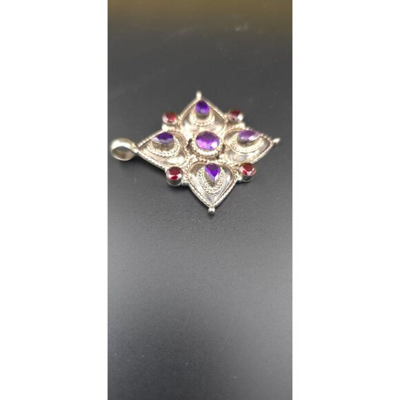 Vintage 925 Sterling Silver Pendant Amethyst & Garnet Stones Intricate Design - Picture 10 of 12